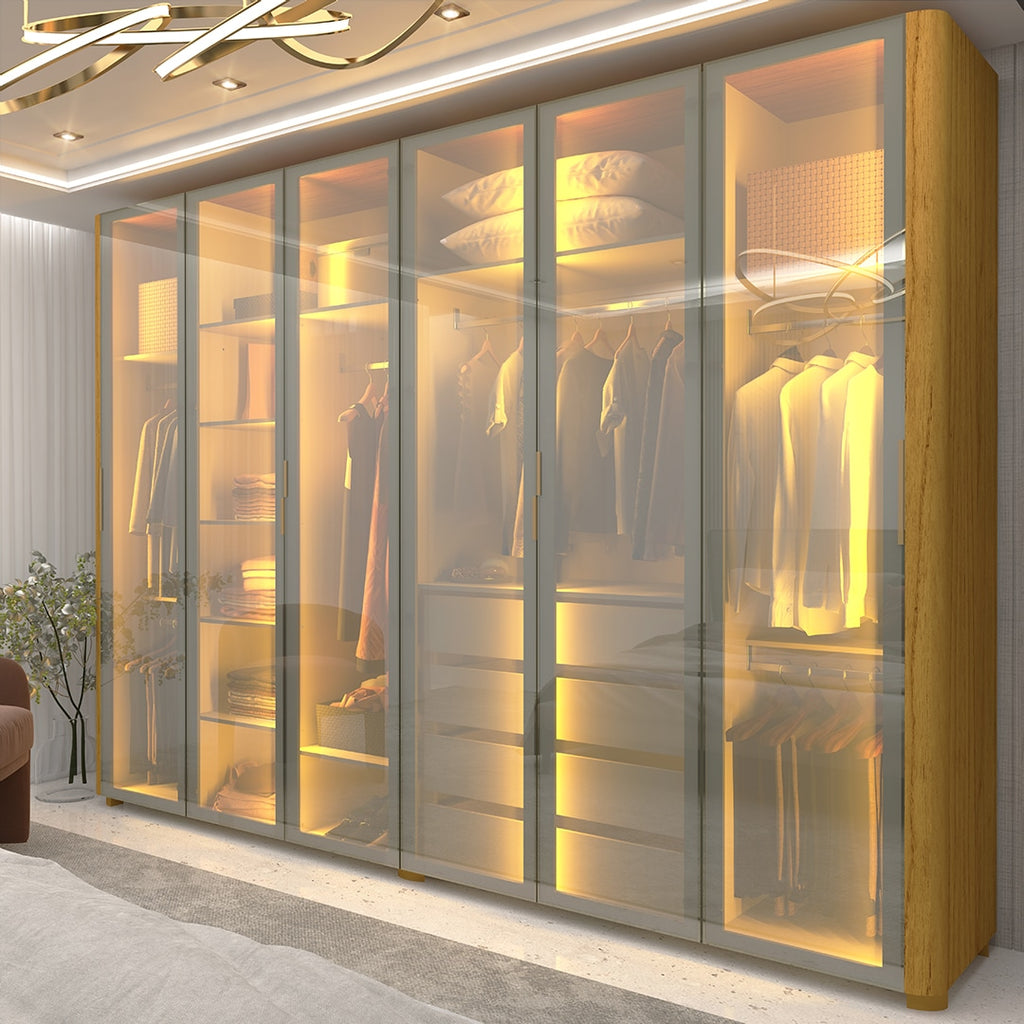 Roupeiro Innova 6 Portas de Vidro Reflecta com LED e Pes Naturale Gelius - Móveis furniture