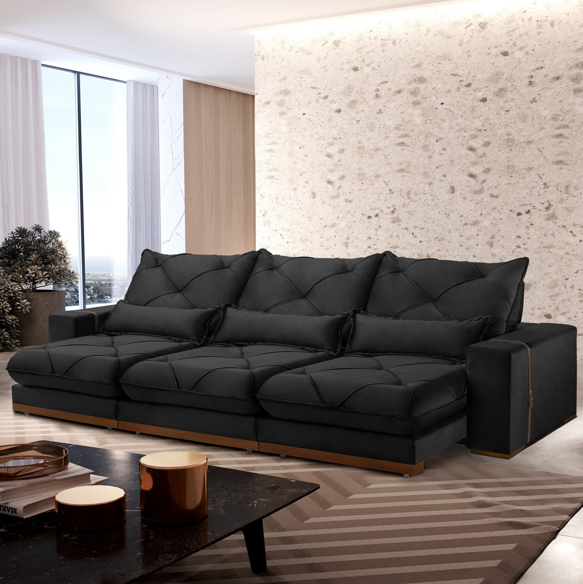 Sofá Retrátil e Reclinável Luanda/Isabella 3,50 m Veludo Preto – TREVO ESTOFADOS - Móveis furniture