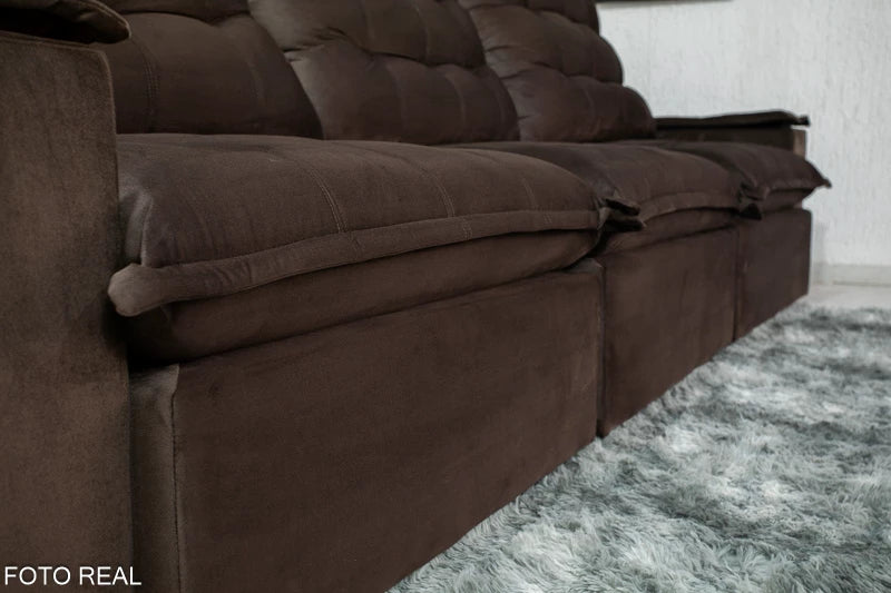 Sofá Retrátil Reclinável Atenas 3.20m Veludo Marrom 815 D33 e Molas Ensacadas
