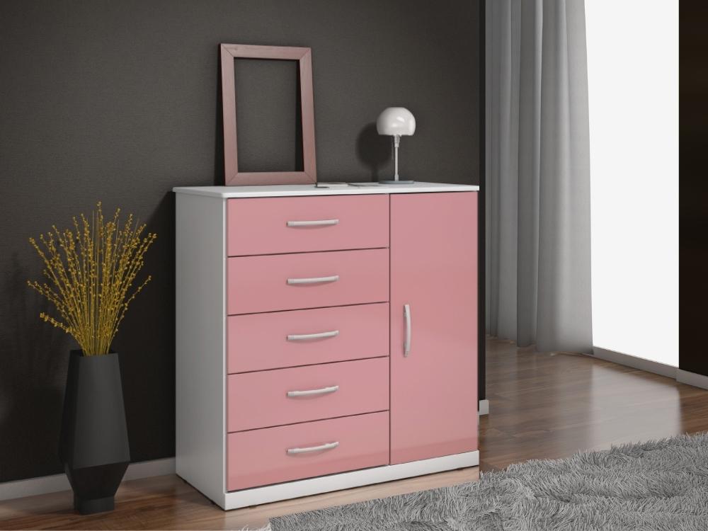Cômoda 5 gavetas 1 porta Ref.: 012 – Branco/Rosa - Móveis furniture