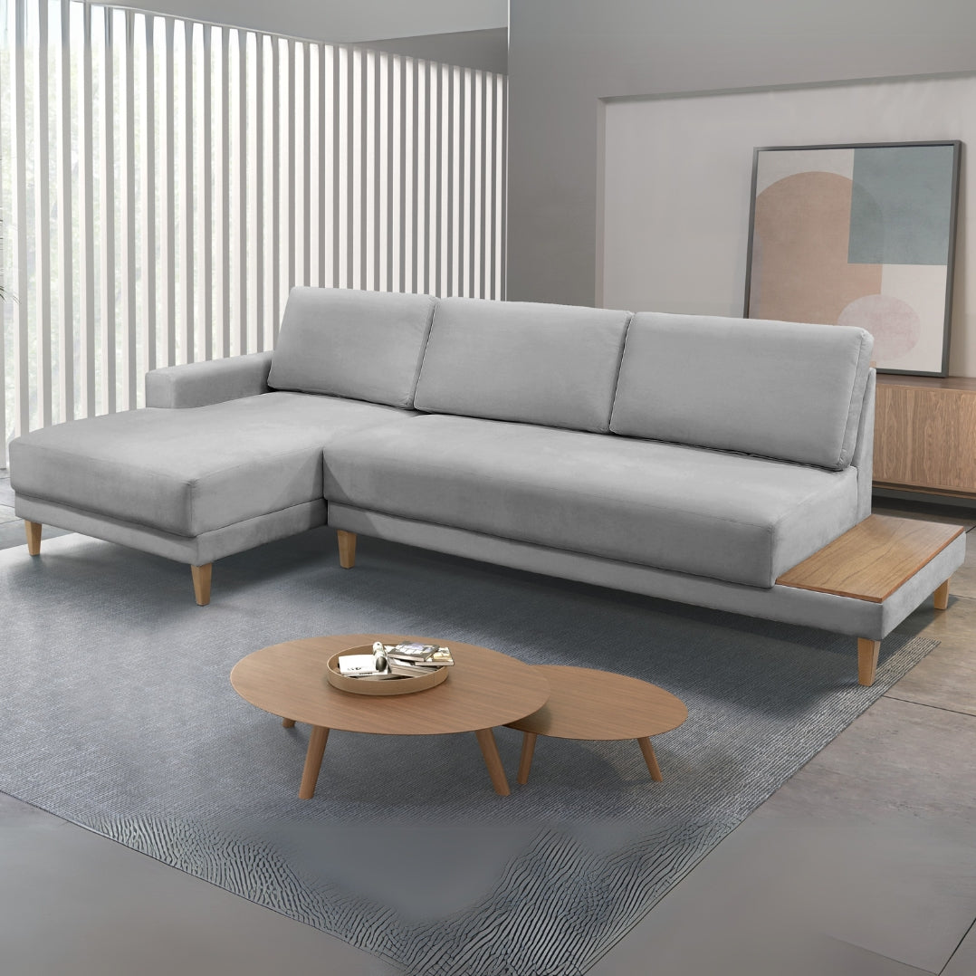 Sofá com Chaise Ref.825 2,90 m Chenile Linho Cinza Firenze – RONDOMÓVEIS