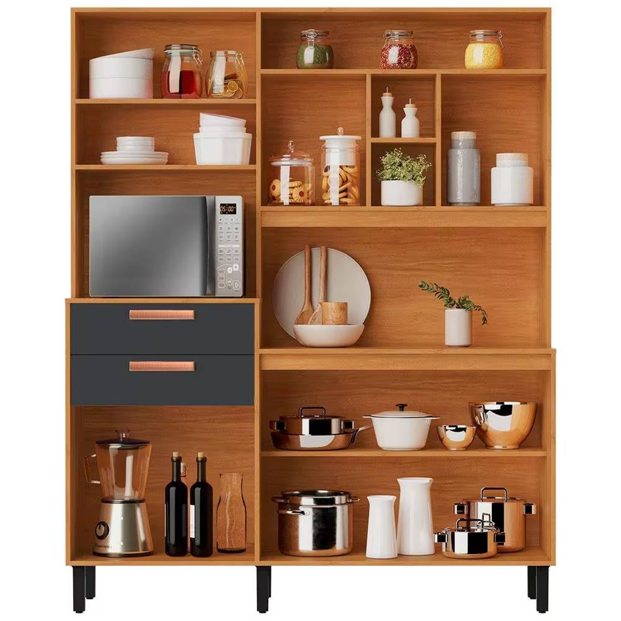 Kit Cozinha Compacta Napoles c/ 6 Portas 2 Gavetas 6 Prateleiras-Cinamomo/ Grafite - Móveis furniture