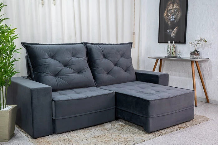 Sofá Retrátil Reclinável Berlim 2.50m Veludo Cinza - D33 e Molas Ensacadas - Móveis furniture