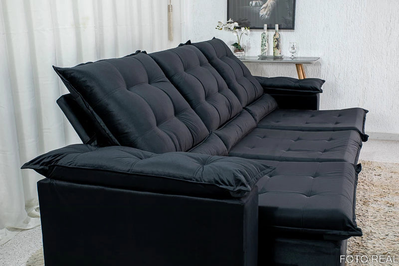 Sofá Retrátil Reclinável Madri 2.70m Veludo Preto - Móveis furniture