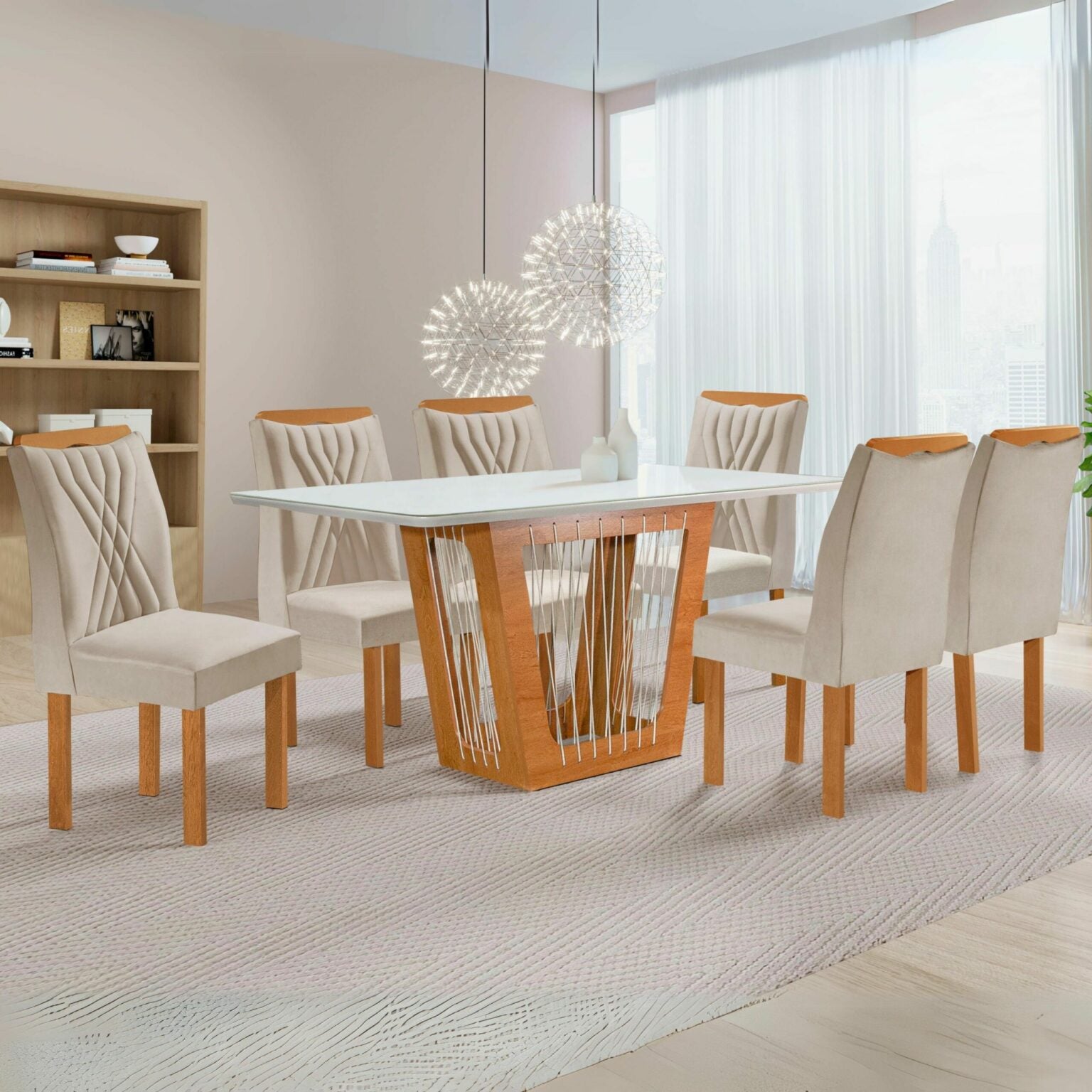 Mesa Marselha 170 Cinamono/Off White com 6 Cadeiras Lisboa Veludo Bege – CEL MÓVEIS - Móveis furniture