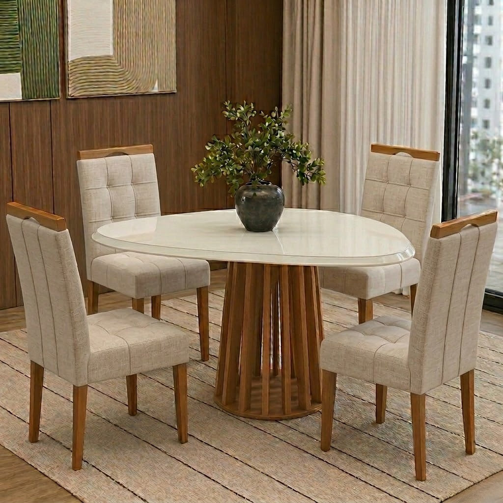 Mesa Lavanda BA45 135 Canela/Off White com 4 Cadeiras Sophia Linho Bege 200 – KAPPESBERG + WM DECOR
