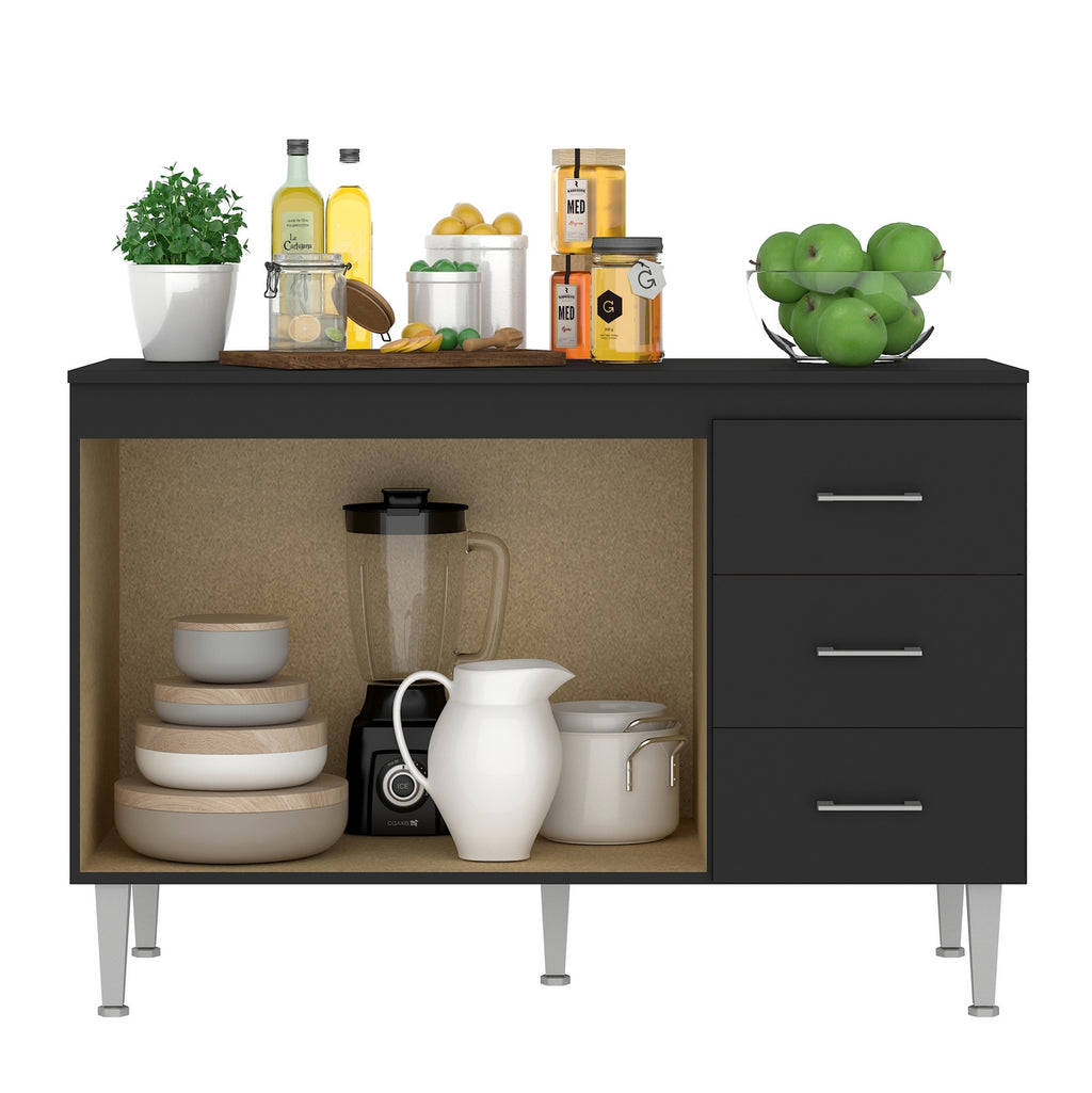 Armário Aéreo 3 portas Ipanema + Balcão(Tampo Comum)Copacabana Preto – FELLICCI - Móveis furniture