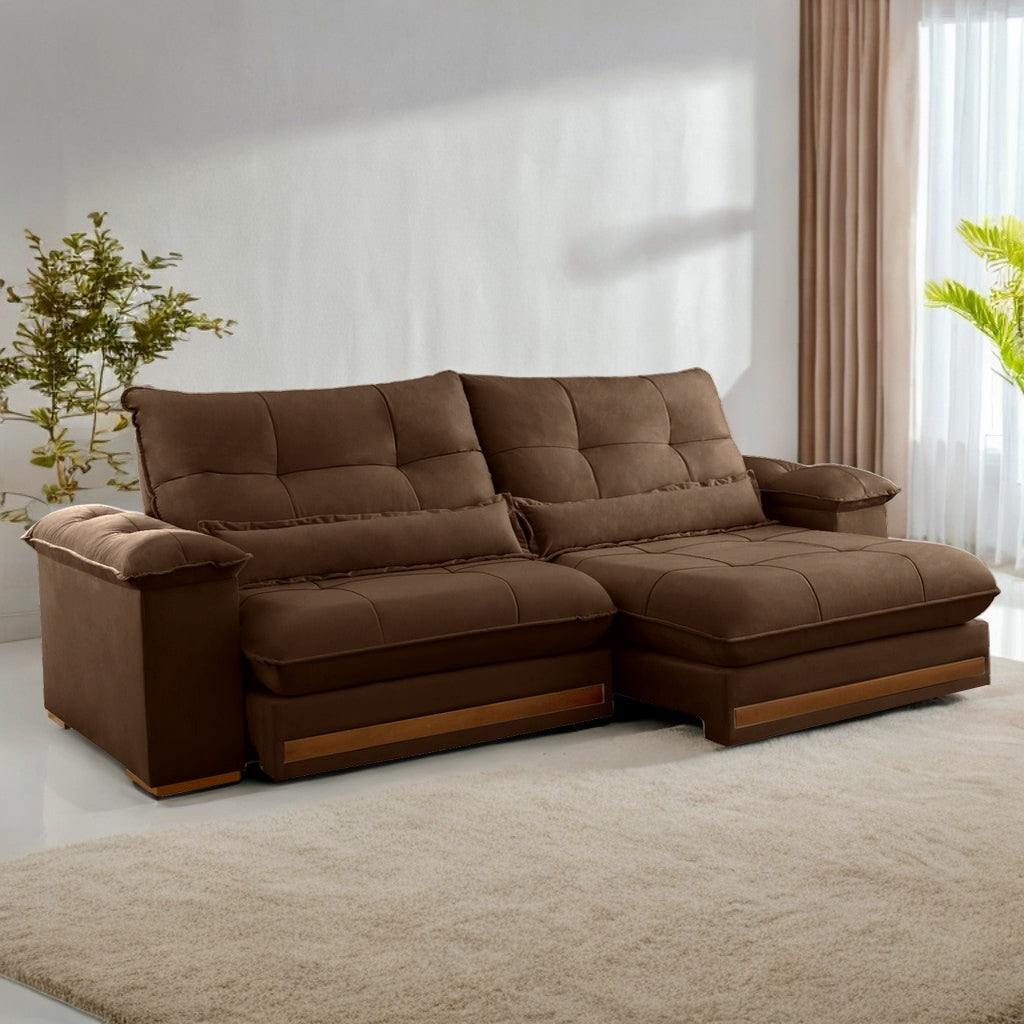 Sofá Retrátil e Reclinável Qatar 2,50m Veludo Marrom B017 – TREVO ESTOFADOS