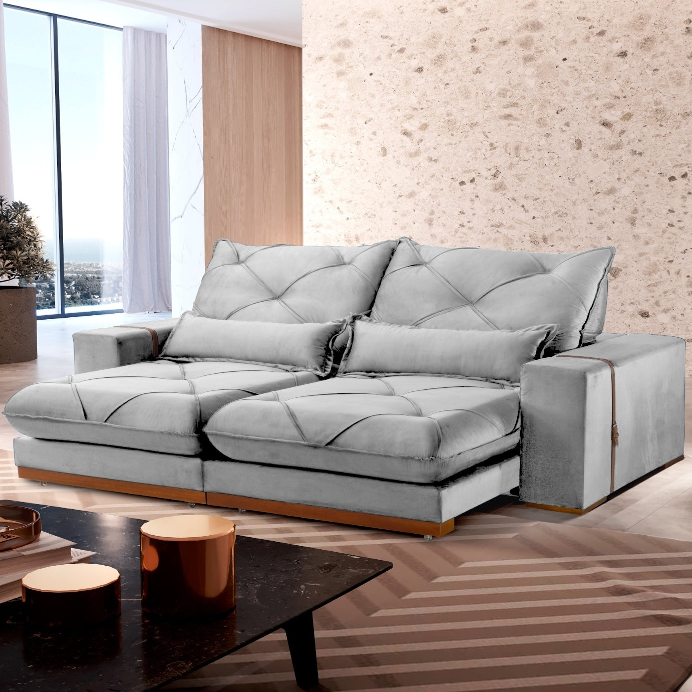 Sofá Retrátil e Reclinável Luanda/Isabella 2,50 m Veludo Prata – TREVO ESTOFADOS - Móveis furniture