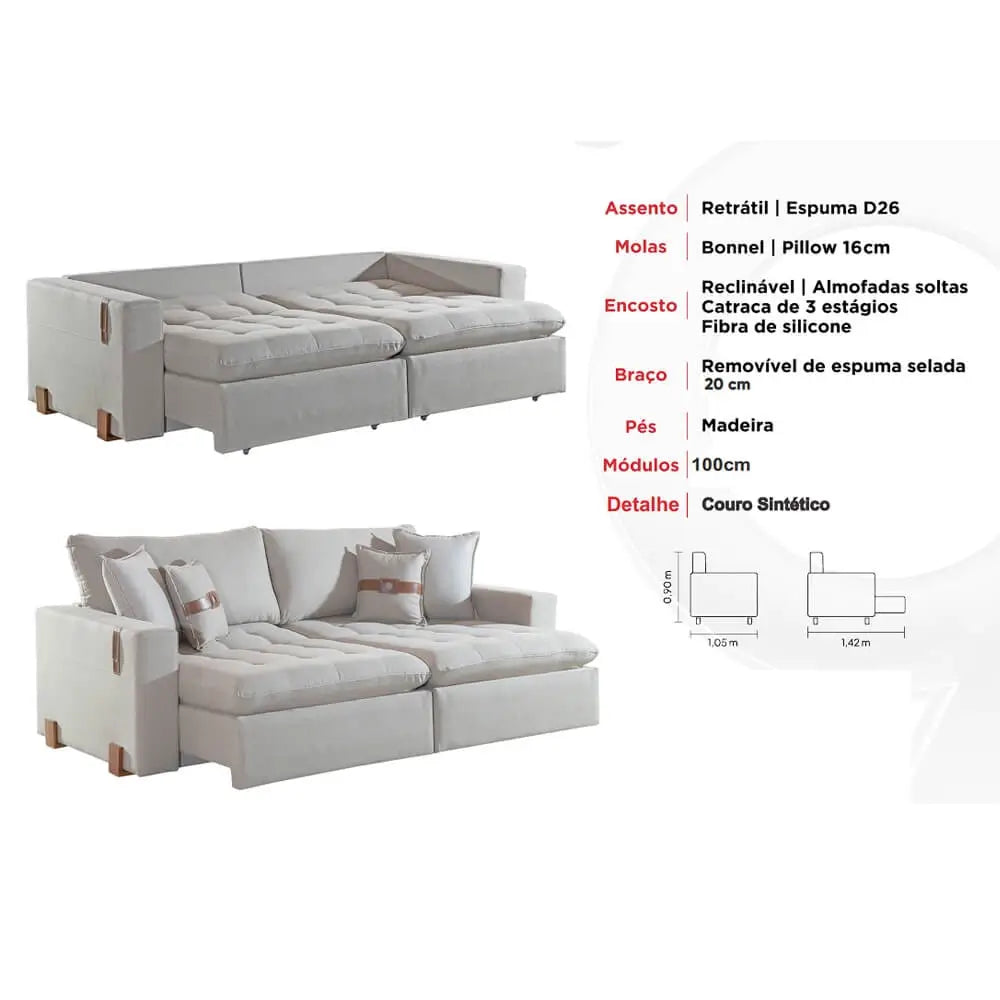 Sofá Cama Zeus 4 Lugares Retrátil e Reclinável 240cm Tecido Linho Innove
