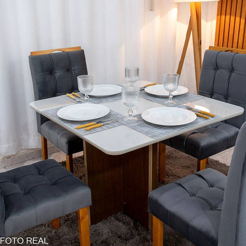 Mesa de Jantar Moscou 90x90 Cinamomo/Off Tampo Vidro Off 4 Cadeiras Londres Veludo Chumbo Madeira Maciça Minas Plac -