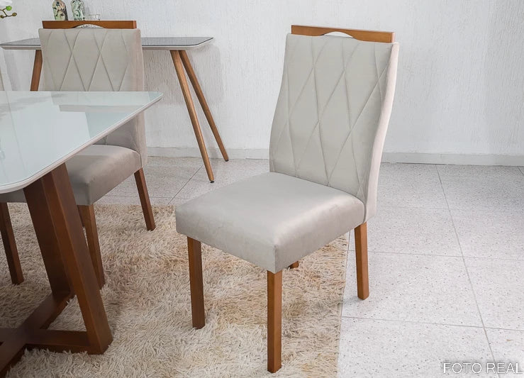Mesa de Jantar Pedro Mel Tampo Vidro Off 90×90 4 Cadeiras Lisboa Veludo Bege - Móveis furniture