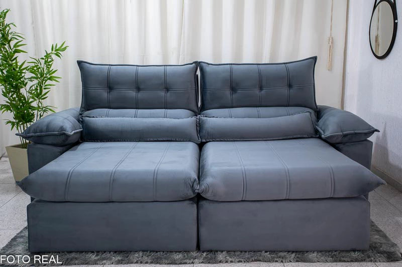 Sofá Retrátil Reclinável 2.50m Lenon Veludo Cinza - D28 Soft e Molas Ensacadas - Móveis furniture