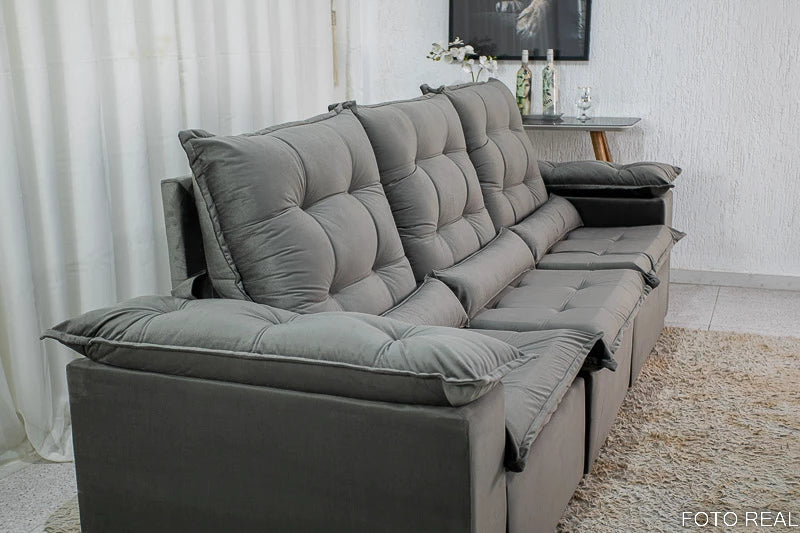 Sofá Retrátil Reclinável Madri 2.70m Veludo Cinza - Móveis furniture