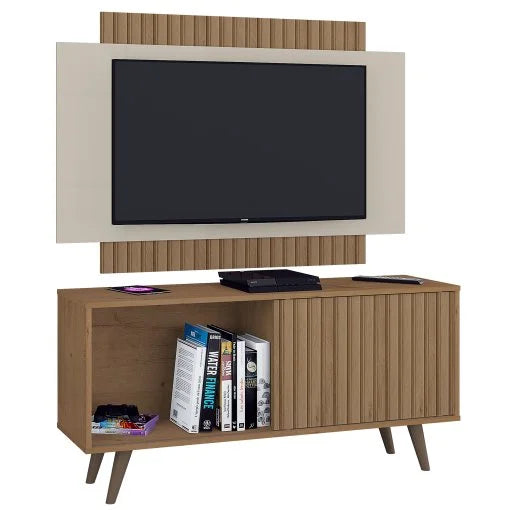 Rack com Painel Malaga para TV até 50 Polegadas 1 Porta Atualle Canelato Rústico 3D Natura Off White - Móveis furniture