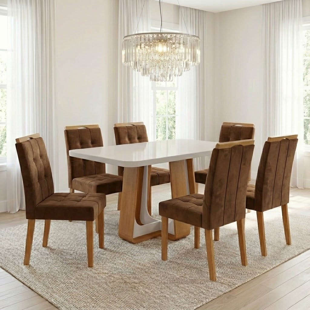 Mesa Sintonia (Tampo Maxi) 170 Amêndoa Clean/Off White com 6 Cadeiras Sophia Veludo Marrom – LOPAS + WM DECOR