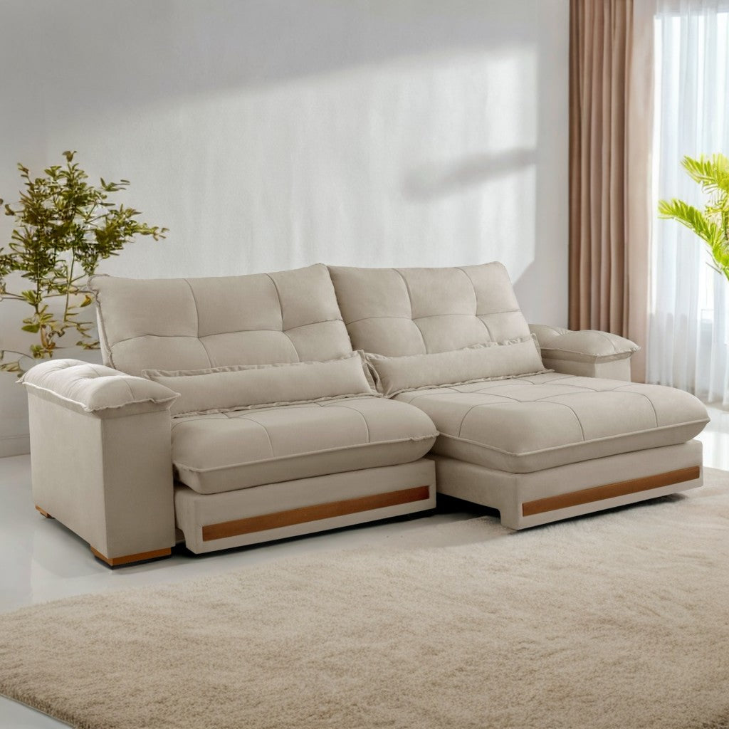 Sofá Retrátil e Reclinável Qatar 2,50m Veludo Marfim B015 – TREVO ESTOFADOS