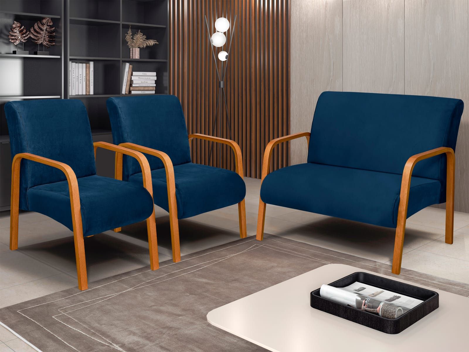 Conjunto de Poltronas Araxa 3Pcs 2.1.1Lgs Veludo Inca Azul Marinho 24 Bem Estar Esfofados