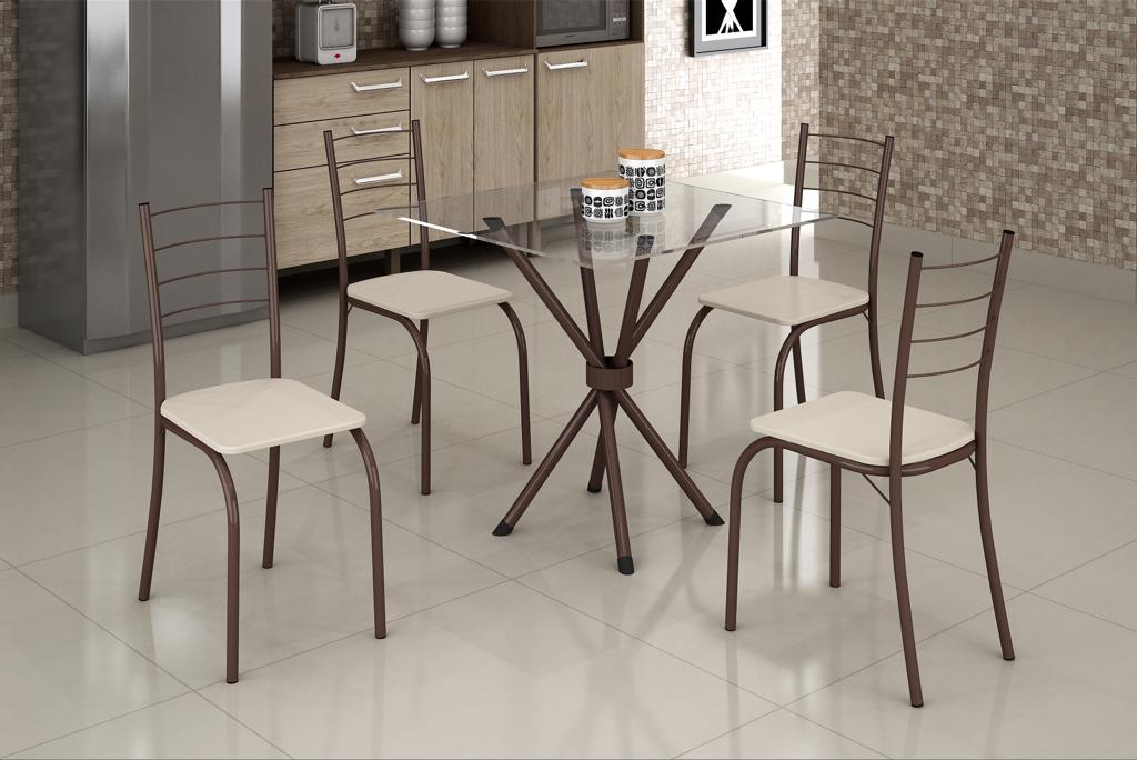 Conjunto Mesa Rio 70x70 MarromTmp Vidro Quadrado com 4Cds Marrom.Creme Teixeira