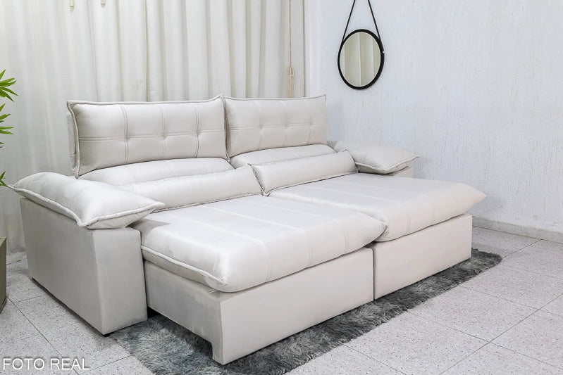 Sofá Retrátil Reclinável 2.50m Lenon Veludo Bege- D28 Soft e Molas Ensacadas - Móveis furniture