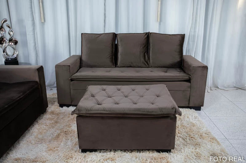 Sofá 3 e 2 lugares França com Puff Veludo Marrom A17 - Móveis furniture