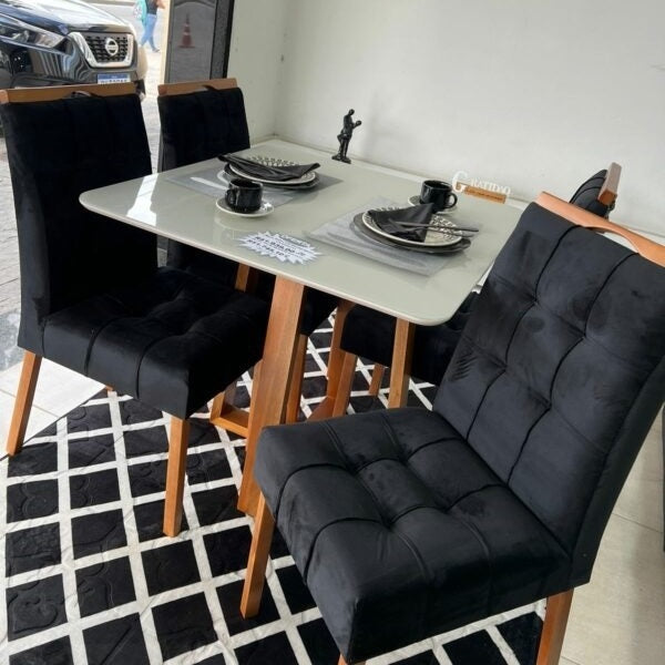 Mesa Jasmim 120 Mel/Off White com 4 Cadeiras Sophia/Capri Mel/Veludo Preto - Móveis furniture