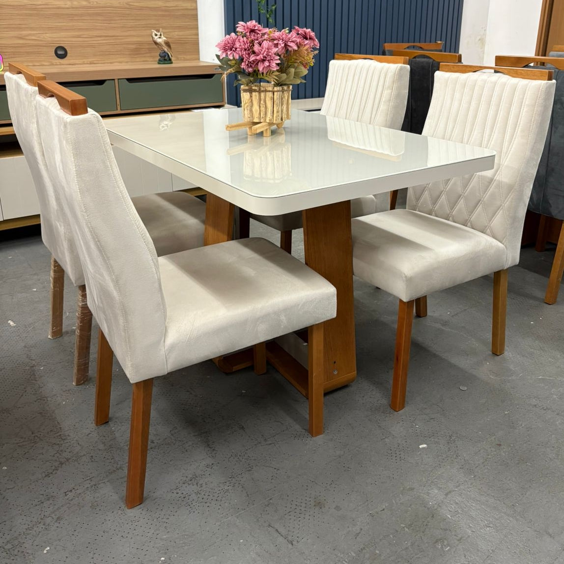 Mesa Sintonia (Tampo Maxi) 120 Amêndoa Clean/Off White com 4 Cadeiras Gênova Veludo Marfim – LOPAS + ART ASSENTOS