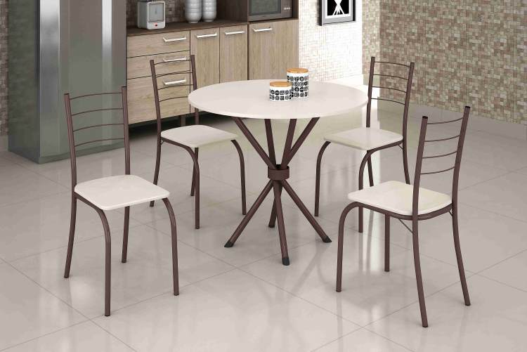 Conjunto Mesa Rio 70 Marrom Tmp Ardosia Redonda Off White com 4 Cds Marrom.Creme Teixeira