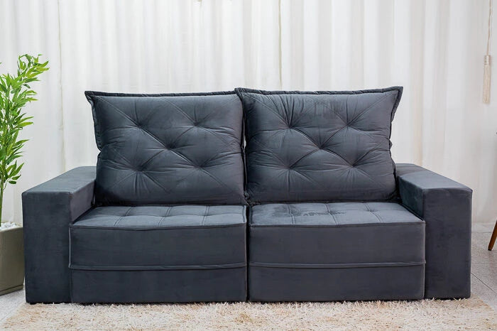 Sofá Retrátil Reclinável Berlim 2.50m Veludo Cinza - D33 e Molas Ensacadas - Móveis furniture