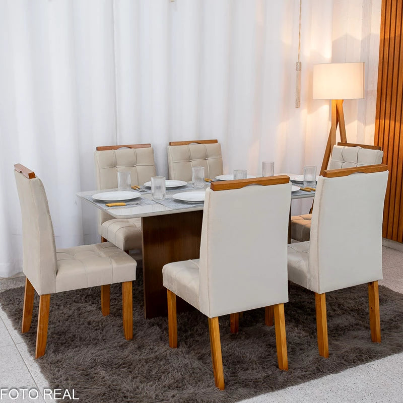 Mesa de Jantar Moscou 160x80 Vidro Off/Base Cinamomo + 6 Cad. Londres Veludo Avelã Madeira Minas Plac - Entregue Montada