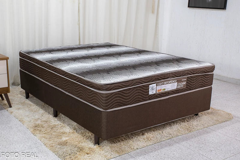Box Casal Classic Sued Marrom Anjos + Colchão Casal Ortopédico Light 138x188x65 Ortobom - Móveis furniture