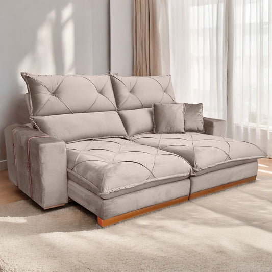 Sofá Retrátil e Reclinável Gran Bello Light 2,00 m Veludo Bege – QUINE ESTOFADOS