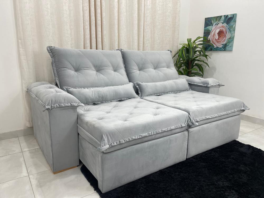 Sofá Retrátil Reclinável Valência 2.50m – Prata Veludo - Móveis furniture