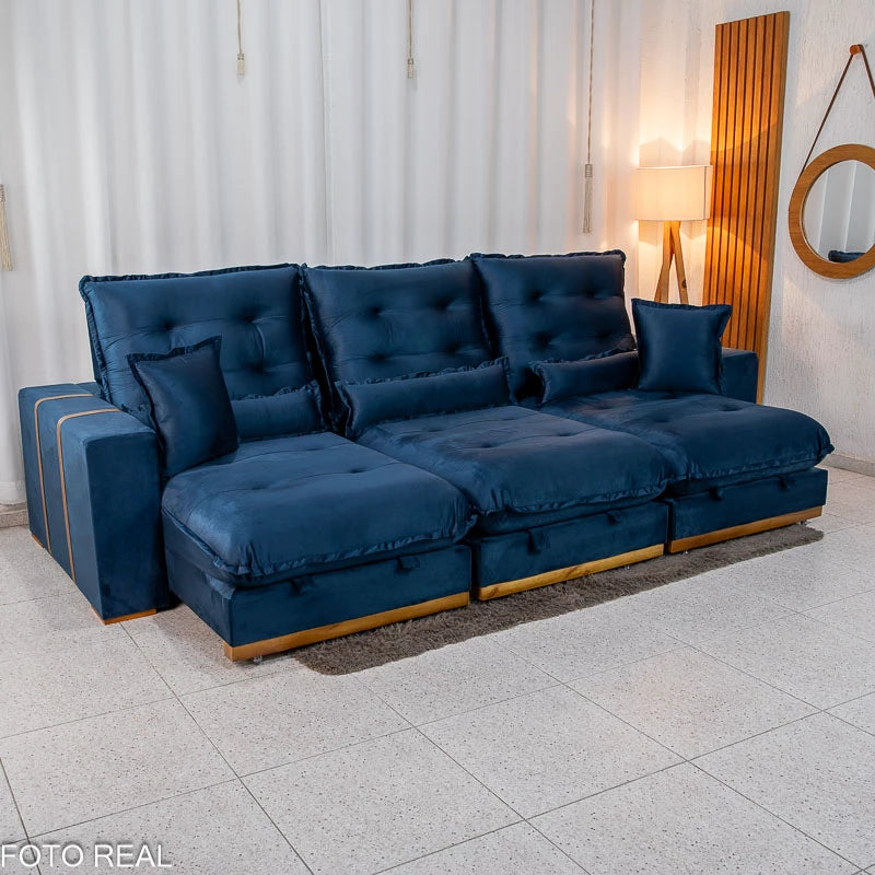 Sofá Retrátil Reclinável Mônaco 3.20m Veludo Azul A16 - Molas Ensacadas