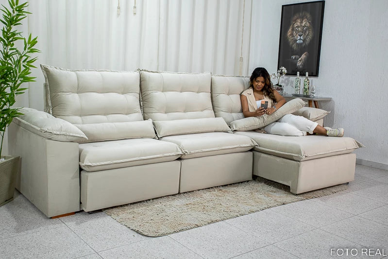 Sofá Retrátil Reclinável Emanuelly 3.20m Veludo Bege 01 - D28 Soft
