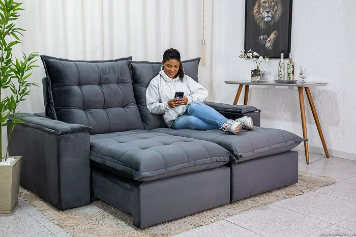 Sofá Retrátil Reclinável Atenas 2.10m Veludo Cinza D33 e Molas Ensacadas - Móveis furniture