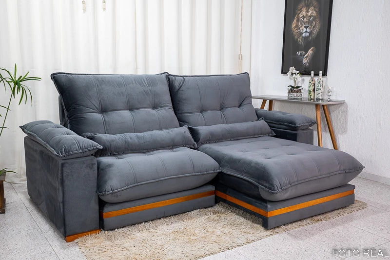 Sofá Retrátil Reclinável Ibis 2.30m Veludo Cinza 814 - D33 e Molas Ensacadas - Móveis furniture