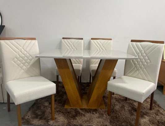 Mesa Classic 120 Cinamomo/Off White com 4 Cadeiras Helena Veludo Bege - Móveis furniture