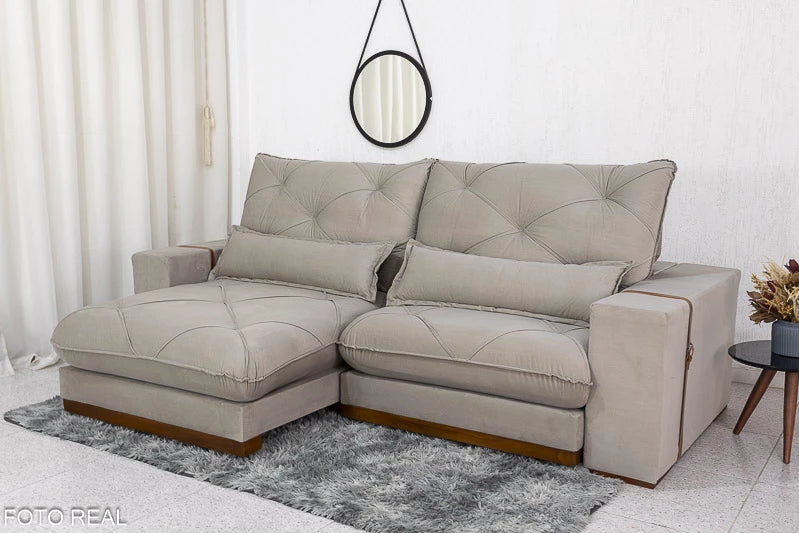 Sofá Retrátil Reclinável Luanda 2.50m Veludo Bege 02 - Molas Ensacadas - Móveis furniture