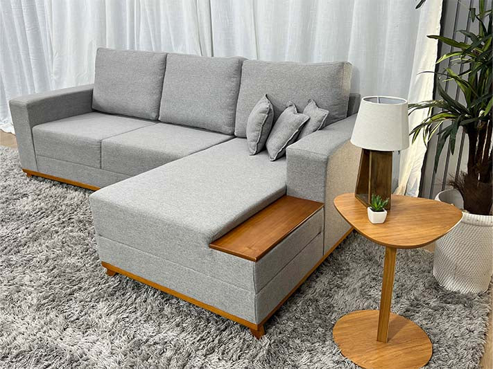 Sofá 3 Lugares 2,50 m Linho Cinza Chaise Aline Plus