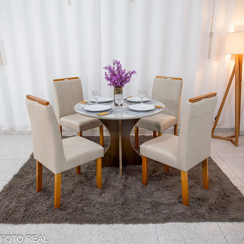 Mesa de Jantar Siena Redonda 100cm Vidro Off/Base Cinamomo + 4 Cad. Atlanta Linho Bege Cru Madeira Minas Plac - Entregue Montada