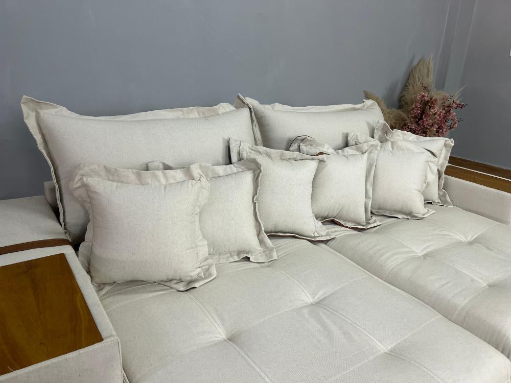 Sofá Cama Retrátil Reclinável Gabriella 2,10m Mod.80 – Bege Linho / Marrom Courino