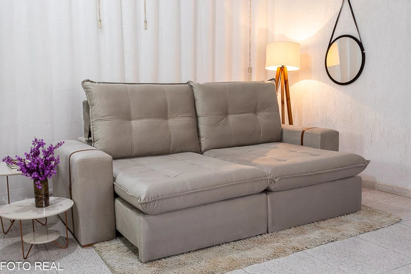 Sofá Retrátil Reclinável 2.50m Santiago Veludo Bege 525 - Molas Ensacadas