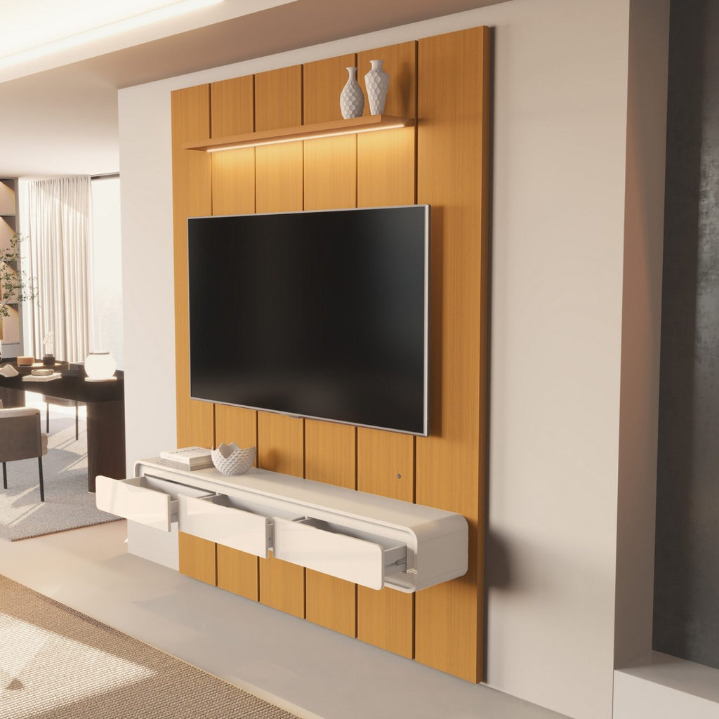 Painel até 75″ Lumi 1,88 m Cedro + Nicho Liv 1,80 Off White – EDN MÓVEIS