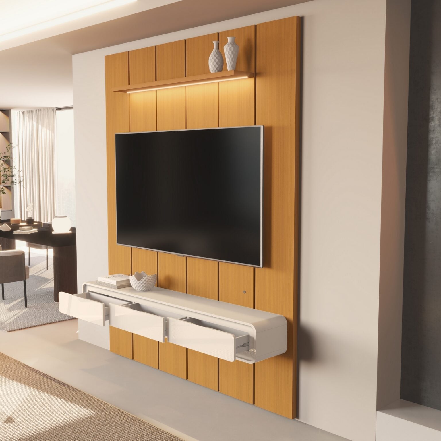 Painel até 75″ Lumi 1,88 m Cedro + Nicho Liv 1,80 Off White – EDN MÓVEIS