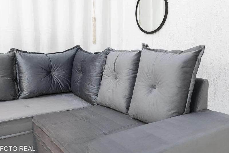 Sofá Canto 5 lugares Cuiabá Veludo Cinza - Móveis furniture
