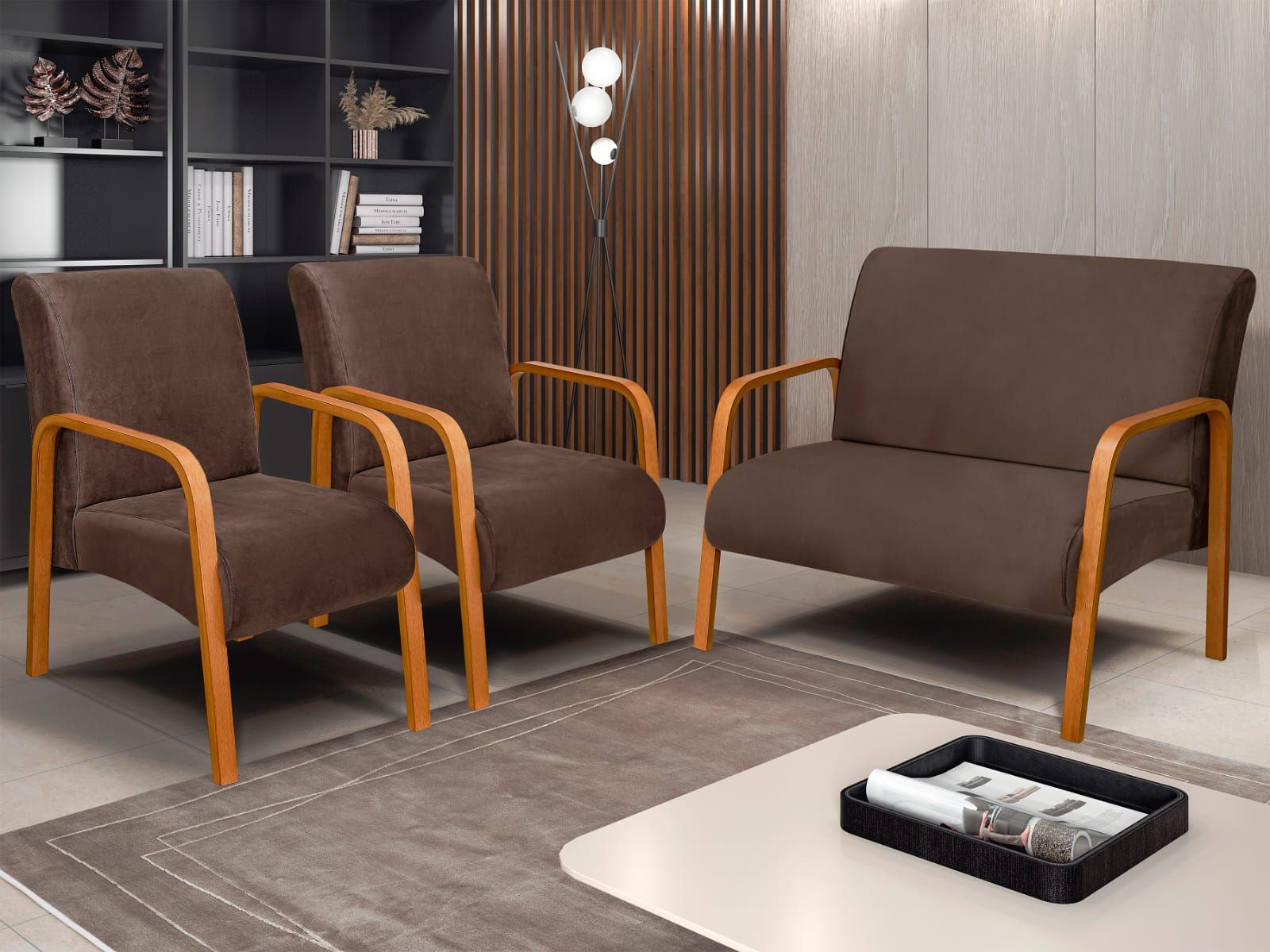 Conjunto de Poltronas Araxa 3Pcs 2.1.1Lgs Veludo Inca Marrom 17 Bem Estar Estofados