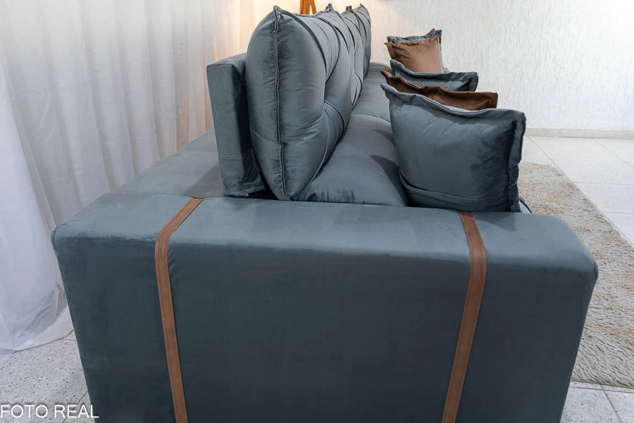 Sofá Retrátil Reclinável Gran Bello 3.20m Veludo Cinza - D33 e Molas Ensacadas