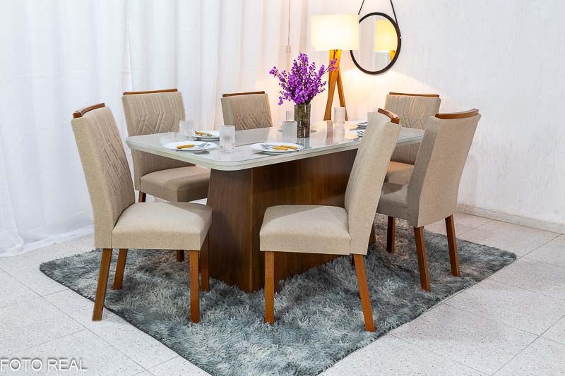 Mesa Jantar Luna Imbuia Tampo Vidro Off Canto Copo 180×90 6 Cadeiras Alegra Linho Bege Turim 07 Madeira Maciça Rufato - Móveis furniture
