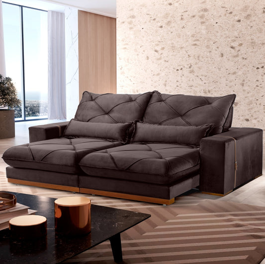 Sofá Retrátil e Reclinável Luanda/Isabella 2,50 m Veludo Marrom – TREVO ESTOFADOS - Móveis furniture